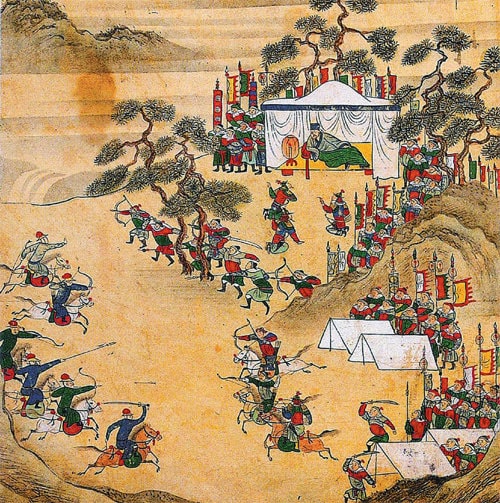 조선시대 군가 war song 고려시대부터 조선 선조 때까지 함경도에서 활약한 장군들의 행적을 엮은 ‘북관유적도첩(北關遺蹟圖帖)’ 중 ‘야전부시도(夜戰賦詩圖)’. 이 그림에는 현대의 A텐트와 비슷한 천막이 등장한다. 고려대학교박물관 소장. 동아일보DB