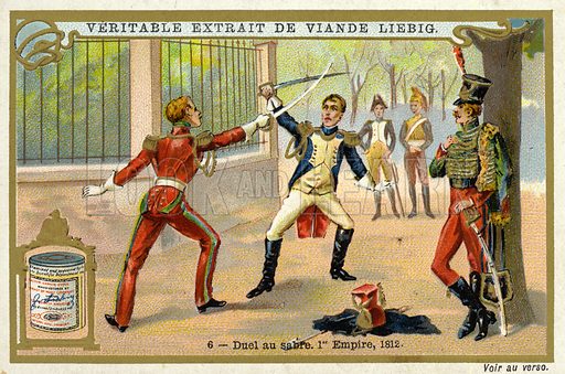 결투(Duel)란 무엇인가? (결투의 어원과 역사, 그리고 푸시킨) Duelling with sabres at the time of the French First Empire, 1812. Liebig card, early 20th century.-min
