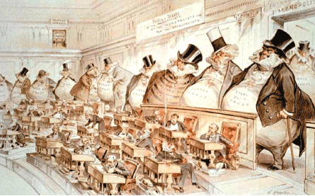 자본주의를 상징하는 조지프 케플러가 그린 만화 <의회의 보스들>(1899) 19세기 말 이미 대자본가들이 미국의회를 사실상 '소유'하고 있는 현실을 풍자하고 있다.