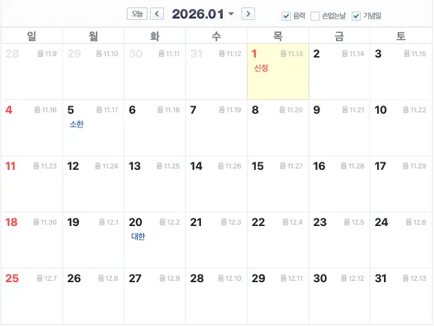 2026년 1월의 기념일 달력